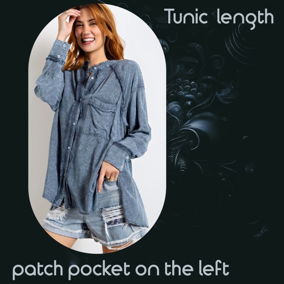 EASEL "Summer Breeze" Mineral Washed Frayed Seams Button Up Tunic Top Side Slits - Picture 4 of 15